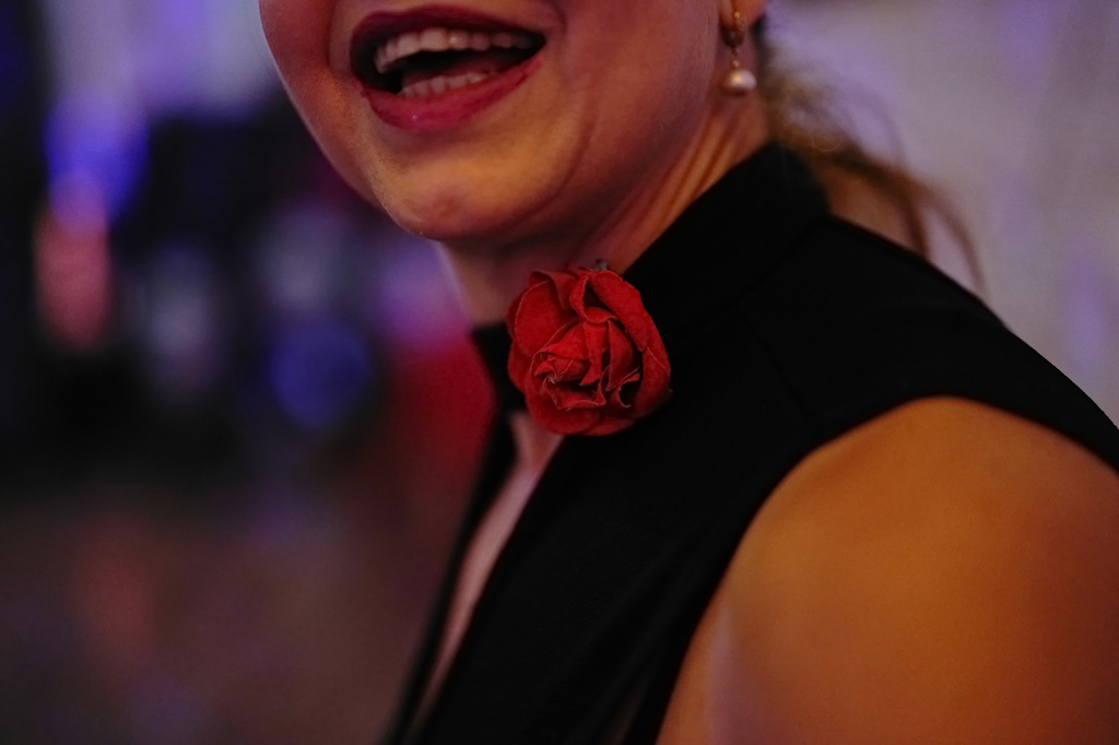 Carmen, a tango dancer from Romania, smiles during a milonga session at 333, a tango studio in Istanbul, Turkey, early Saturday, Jan. 10, 2026. (AP Photo/Francisco Seco)