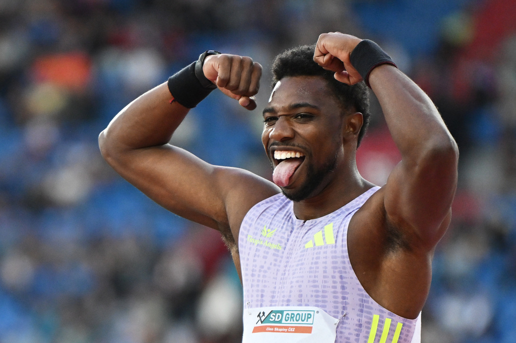 Noah Lyles of United States celebrates after winning the men's 150 meters event at the Golden Spike athletics meeting in Ostrava, Czech Republic, Tuesday, June 16, 2026. (AP Photo/Lukas Kabon)