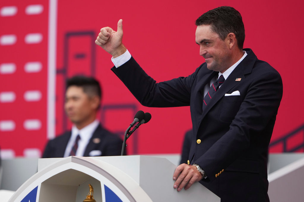 United States captain Keegan Bradley speaks during the opening ceremonies for the Ryder Cup golf tournament, Wednesday, Sept. 24, 2025, on the Bethpage Black golf course, in Farmingdale, N.Y. (AP Photo/Lindsey Wasson)