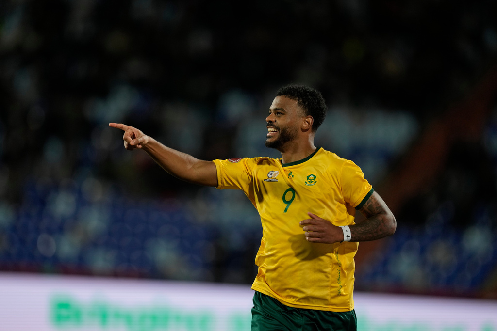 South Africa's Lyle Foster celebrates after scoring a goal during the Africa Cup of Nations group B soccer match between Angola and South Africa in Marrakech, Morocco, Monday, Dec. 22, 2025. (AP Photo/Themba Hadebe)