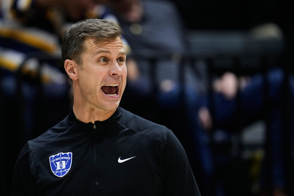 FILE - Duke head coach Jon Scheyer reacts during the first half of an NCAA college basketball game against California, Wednesday, Jan. 14, 2026, in Berkeley, Calif. (AP Photo/Godofredo A. Vásquez, File)