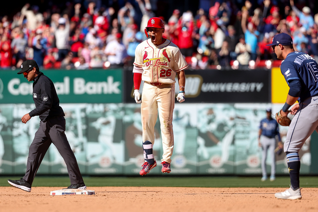 St. Louis Cardinals' JJ Wetherholt reacts after driving in the game-winning runs in the tenth inning of a baseball game against the Tampa Bay Rays, Saturday, March 28, 2026, in St. Louis. (AP Photo/Scott Kane)