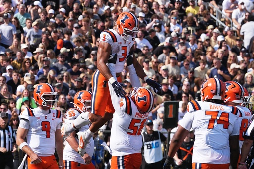 Illinois running back Kaden Feagin (3) celebrates a touchdown run with offensive lineman Melvin Priestly (58) during the first half of an NCAA college football game against Purdue, Saturday, Oct. 4, 2025, in West Lafayette, Ind. (AP Photo/Darron Cummings) Illinois running back Kaden Feagin (3) celebrates a touchdown run with offensive lineman Melvin Priestly (58) during the first half of an NCAA college football game against Purdue, Saturday, Oct. 4, 2025, in West Lafayette, Ind. (AP Photo/Darron Cummings)