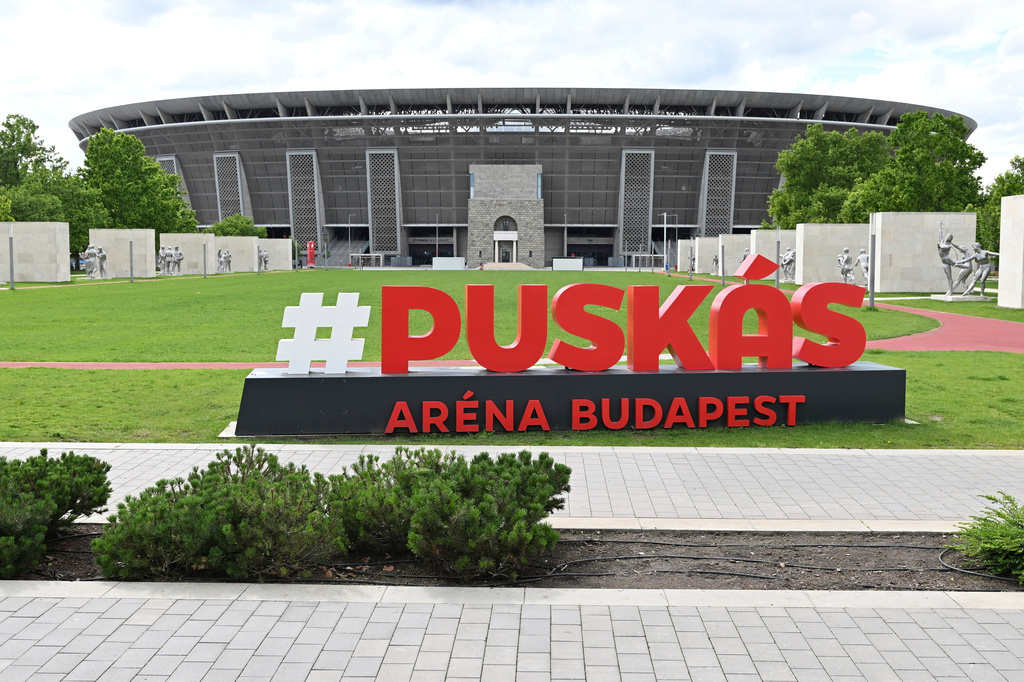 FILE - An external view of Puskas Arena in Budapest, Hungary, on May 22, 2024, after the Executive Committee of UEFA decided this soccer stadium will host the final match of men's soccer Champions League in 2026. (Tibor Illyes/MTI via AP, File)