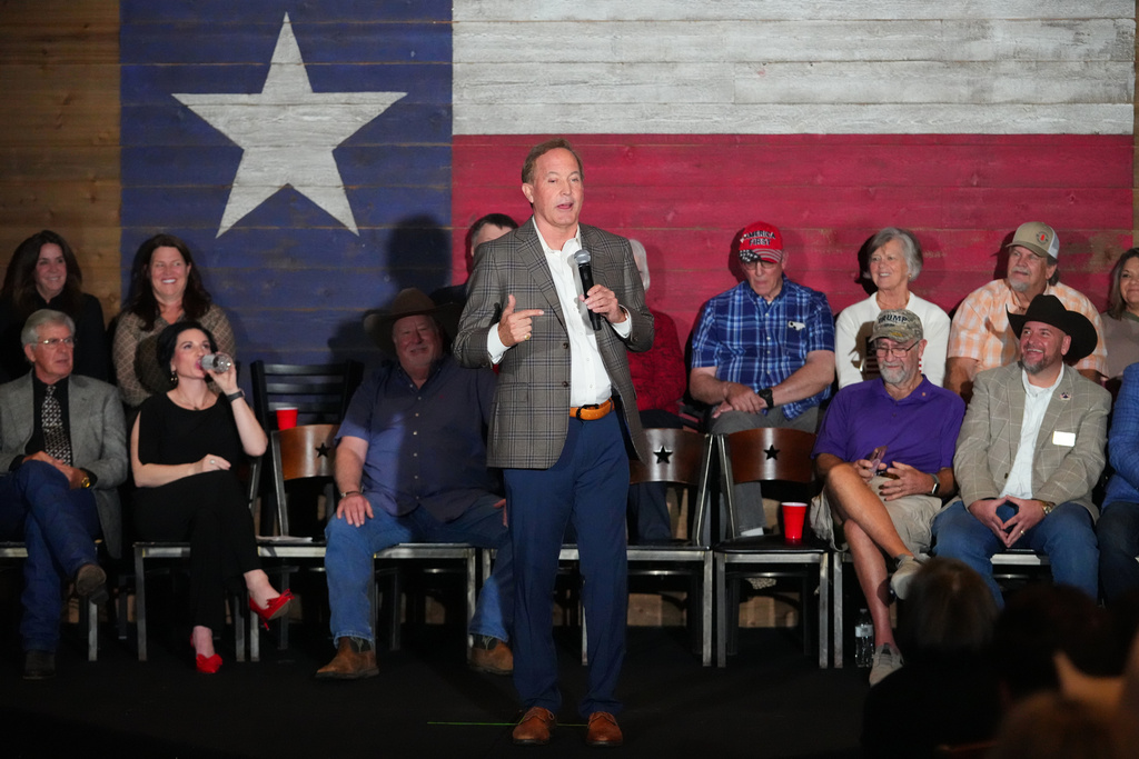 Texas Attorney General Ken Paxton, a Republican candidate for the U.S. Senate, speaks during a campaign event, Monday, Feb. 16, 2026, in Tyler, Texas. (AP Photo/Julio Cortez)