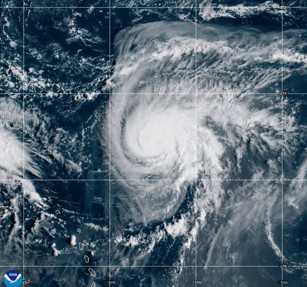 This satellite image provided by NOAA shows Hurricane Humberto on Friday, Sept. 26, 2025. (NOAA via AP)