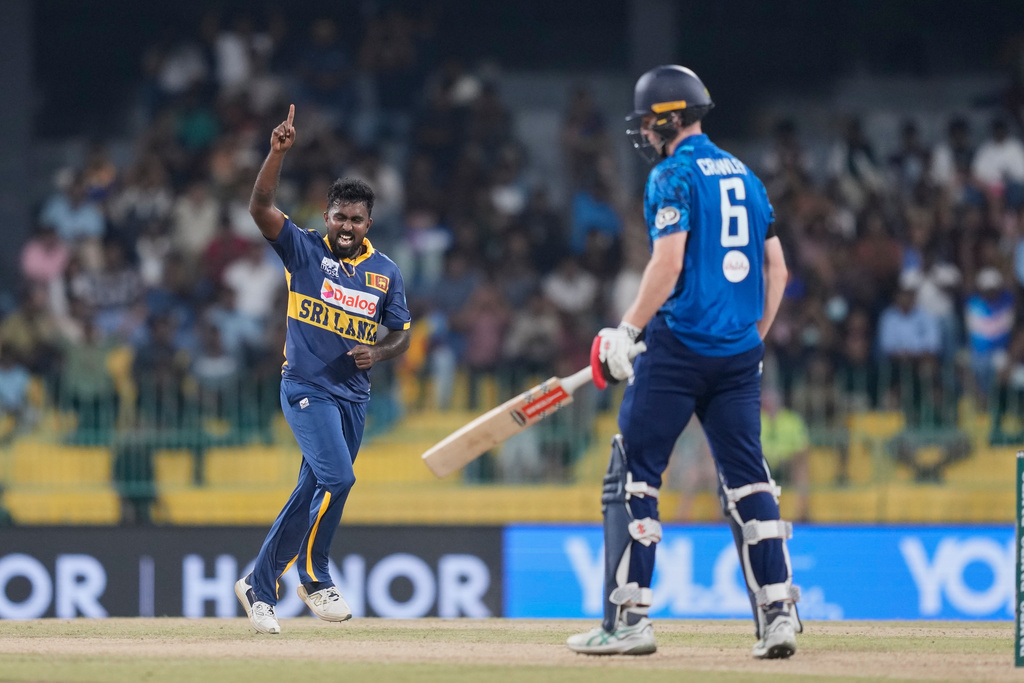 Sri Lanka's Asitha Fernando celebrates the wicket of England's Zak Crawley during the first ODI cricket match between England and Sri Lanka in Colombo, Sri Lanka, Thursday, Jan. 22, 2026. (AP Photo/Eranga Jayawardena)