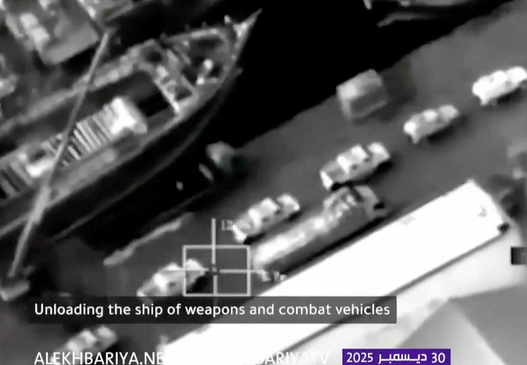 This frame grab from video broadcast by Saudi state television on Tuesday, Dec. 30, 2025, shows what the kingdom describes as a shipment of weapons and armored vehicles coming from the United Arab Emirates, at Mukalla, Yemen. (Saudi state television via AP)