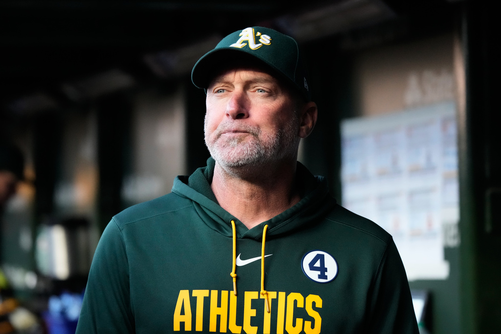Athletics manager Mark Kotsay looks to the field before a baseball game against the Chicago Cubs in Chicago, Tuesday, June 2, 2026. (AP Photo/Nam Y. Huh)