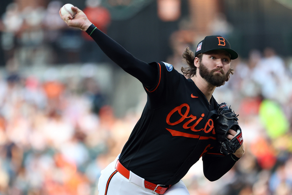 Baltimore Orioles pitcher Brandon Young throws during the second inning of a baseball game against the Atlanta Braves, Saturday, July 25, 2026, in Baltimore. (AP Photo/Daniel Kucin Jr.)