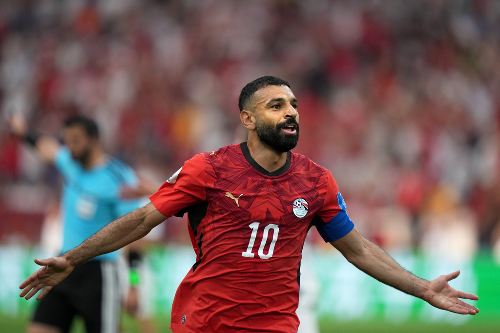 Egypt's Mohamed Salah (10) celebrates his goal during second half World Cup Group G soccer action against New Zealand, in Vancouver, British Columbia, Sunday, June 21, 2026. (Darryl Dyck /The Canadian Press via AP)