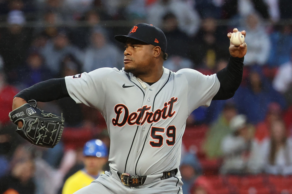 Detroit Tigers pitcher Framber Valdez throws during the fourth inning of a baseball game against the Boston Red Sox, Sunday, April 19, 2026, in Boston. (AP Photo/Mark Stockwell)