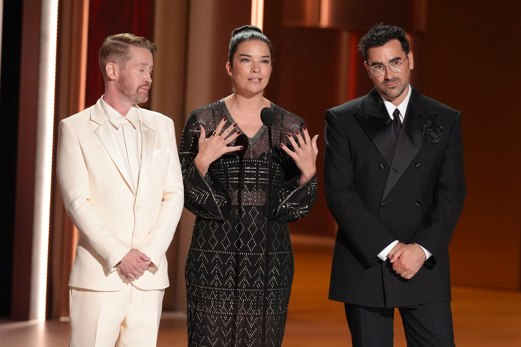 Macaulay Culkin, from left, Annie Murphy, and Dan Levy pay tribute to Catherine O'Hara during the 78th Emmy Awards on Monday, Sept. 14, 2026, at the Peacock Theater in Los Angeles. (AP Photo/Chris Pizzello)