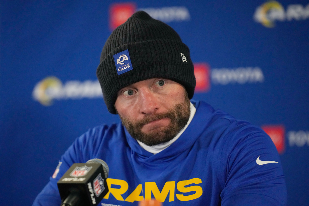 Los Angeles Rams head coach Sean McVay talks to reporters following an overtime victory over the Chicago Bears NFL football divisional playoff game Sunday, Jan. 18, 2026, in Chicago. (AP Photo/Erin Hooley)