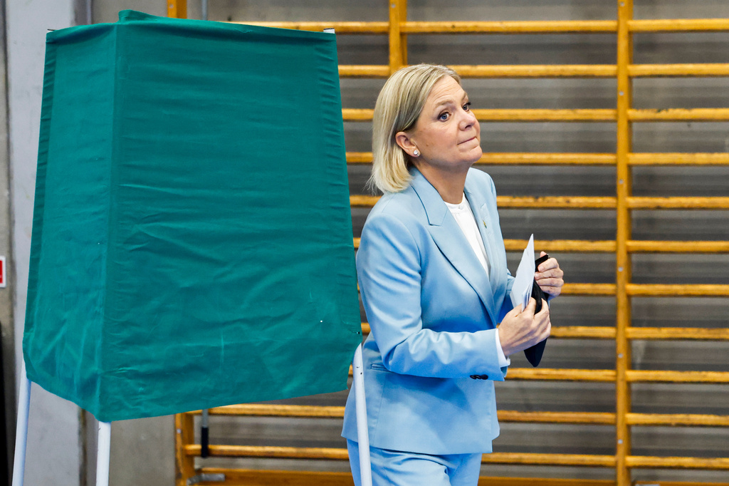 Social Democrats party leader Magdalena Andersson votes at a polling station in Nacka, Sweden, Sunday, Sept. 13, 2026.(Stefan Jerrevång/TT News Agency via AP)