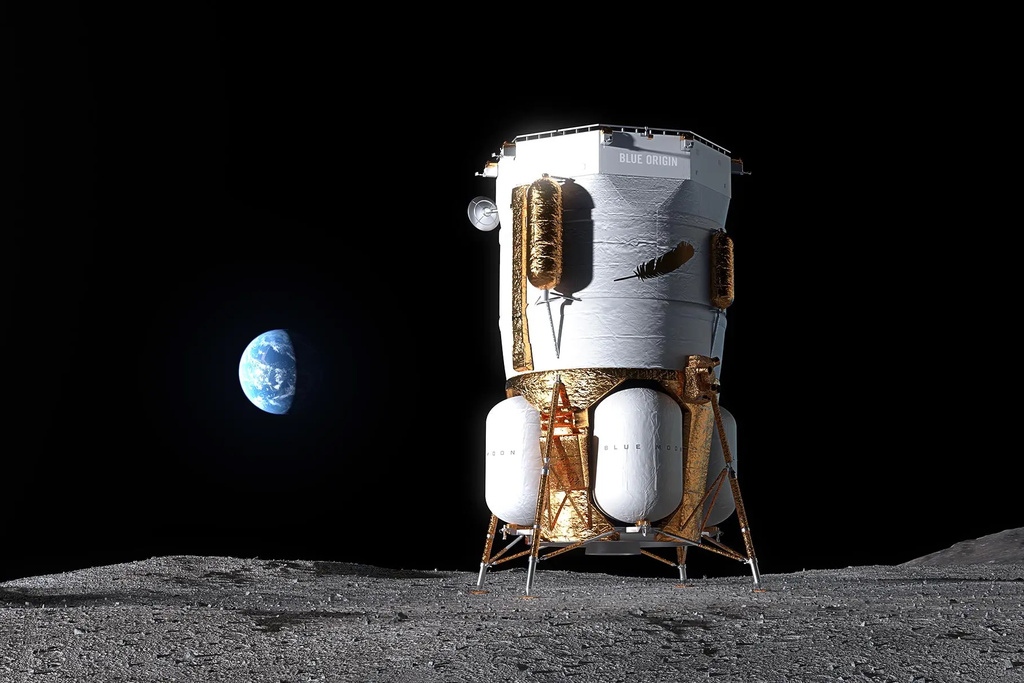 This illustration provided by Blue Origin depicts the company's Blue Moon MK1 spacecraft on the surface of the moon. (Blue Origin via AP)