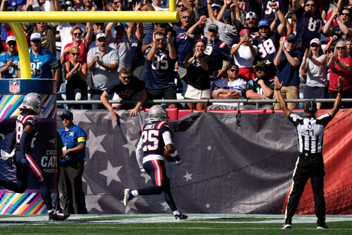 New England Patriots cornerback Marcus Jones (25) returns a punt for a touchdown against the Carolina Panthers during the first half of an NFL football game, Sunday, Sept. 28, 2025, in Foxborough, Mass. (AP Photo/Charles Krupa) New England Patriots cornerback Marcus Jones (25) returns a punt for a touchdown against the Carolina Panthers during the first half of an NFL football game, Sunday, Sept. 28, 2025, in Foxborough, Mass. (AP Photo/Charles Krupa)