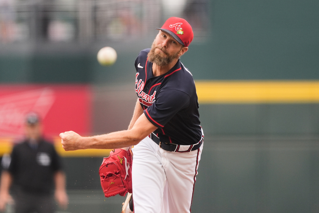 CORRECTS CITY TO NORTH PORT FLORIDA NOT BRADENTON - Atlanta Braves pitcher Chris Sale delivers in the first inning of a spring training baseball game against the Minnesota Twins in North Port, Fla., Sunday, Feb. 22, 2026. (AP Photo/Gerald Herbert)