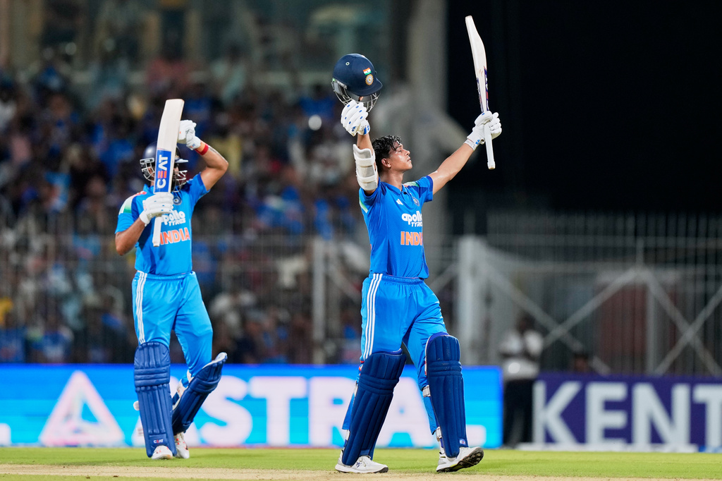 India's Shreyas Iyer, left, applauds as teammate Yashasvi Jaiswal celebrates his century during the third ODI cricket match between Afghanistan and India in Chennai, India, Saturday, June 20, 2026. (AP Photo/Mahesh Kumar A.)