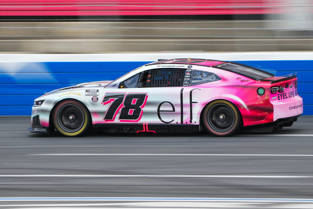 Katherine Legge steers down the front stretch during a NASCAR Cup Series auto race, Sunday, May 24, 2026, in Charlotte, N.C. (AP Photo/Matt Kelley)