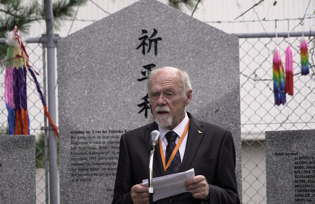 Andre Schram, representing the Dutch bereaved families, gives a speech during the ceremony for the victims of the Fukuoka POW Camp No. 2 in Koyagi, Nagasaki city, western Japan, Saturday, Sept. 13, 2025. (AP Photo/Mayuko Ono)