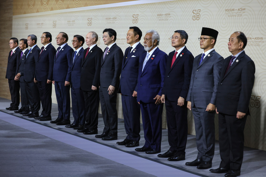 From left, ASEAN Secretary-General Kao Kim Hourn, Sultan of Brunei Hassanal Bolkiah, Cambodian Prime Minister Hun Manet, Lao Prime Minister Sonexay Siphandone, Malaysian Prime Minister Anwar Ibrahim, Philippine President Ferdinand Marcos Jr., Russian President Vladimir Putin, Singaporean Prime Minister Lawrence Wong, Thai Prime Minister Anutin Charnvirakul, Prime Minister of East Timor Kay Rala Xanana Gusmao, Vietnamese Prime Minister Le Minh Hung, Indonesian Foreign Minister Sugiono and Permanent Secretary of the Myanmar Foreign Ministry, Senior Official for ASEAN Hau Khan Sum pose for a photo on the sidelines of the Russia-ASEAN summit in Kazan, Russia, Thursday, June 18, 2026. (Mikhail Metzel, Sputnik, Kremlin Pool Photo via AP)