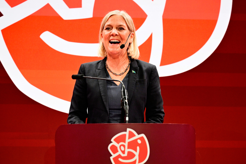 Social Democrats party leader Magdalena Andersson speaks during the Social Democrats' election night watch party, Sunday, Sept. 13, 2026, in Stockholm. (Jonas Ekströmer/TT News Agency via AP)