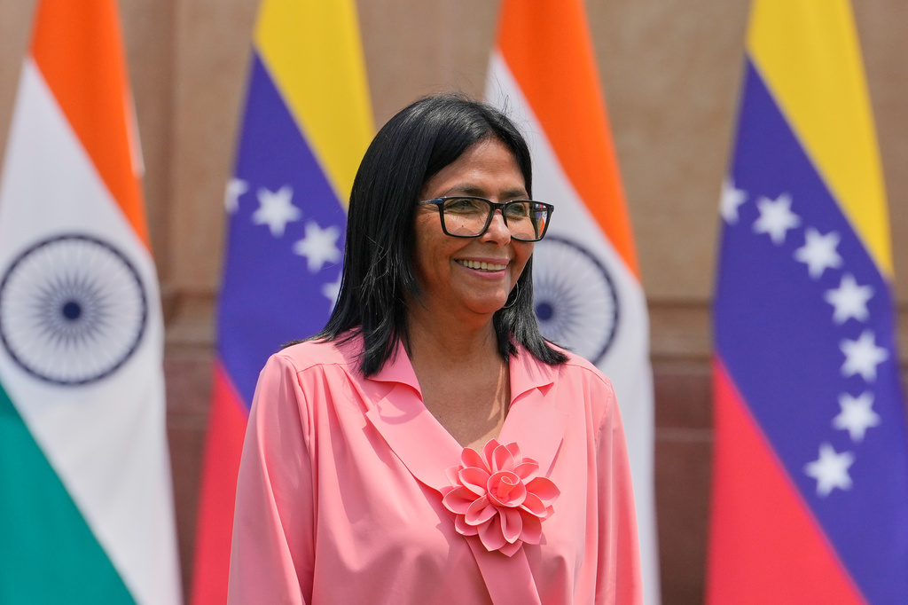 Venezuela's acting President Delcy Rodriguez arrives for a meeting with Indian Prime Minister Narendra Modi in New Delhi, India, Thursday, June 4, 2026. (AP Photo/Manish Swarup)