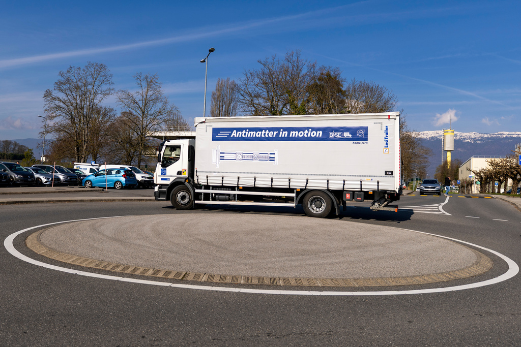 A truck carries the transportable antimatter trap during a road test at the European Organization for Nuclear Research (CERN), in Meyrin near Geneva, Switzerland, Tuesday, March 24, 2026. (Salvatore Di Nolfi/Keystone via AP)