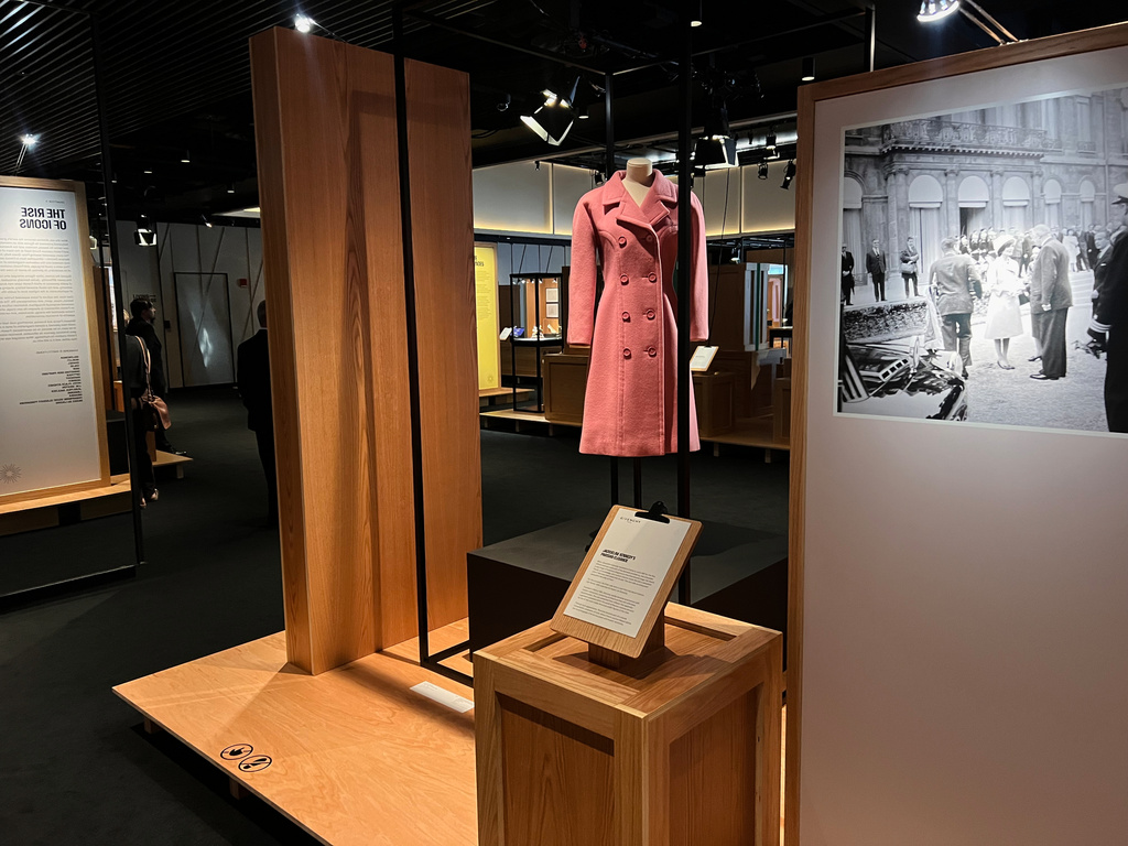 A pink wool Givenchy coat worn by former US first lady Jacqueline Kennedy Onassis is pictured on display as part of the Comite Colbert "Hidden Treasures" exhibit at The Shed on Tuesday, May 26, 2026, in New York. (AP Photo/Beatrice Dupuy)