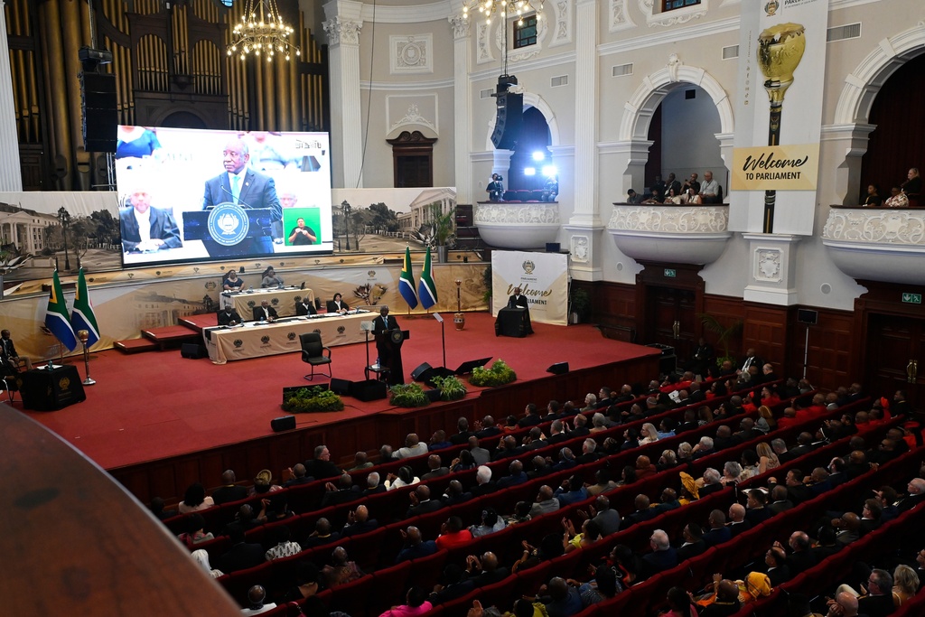 South African President Cyril Ramaphosa gives his State of the Nation address in Cape Town, South Africa, on Thursday, Feb. 12, 2026. (Rodger Bosch/Pool Photo via AP)