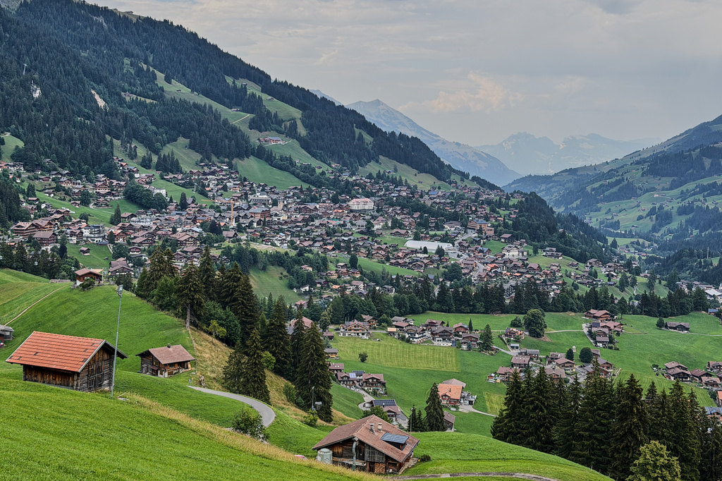 A general view of the Adelboden village at the Adelboden valley, Switzerland, Monday, Aug. 3, 2026. (AP Photo/Hernan Munoz)