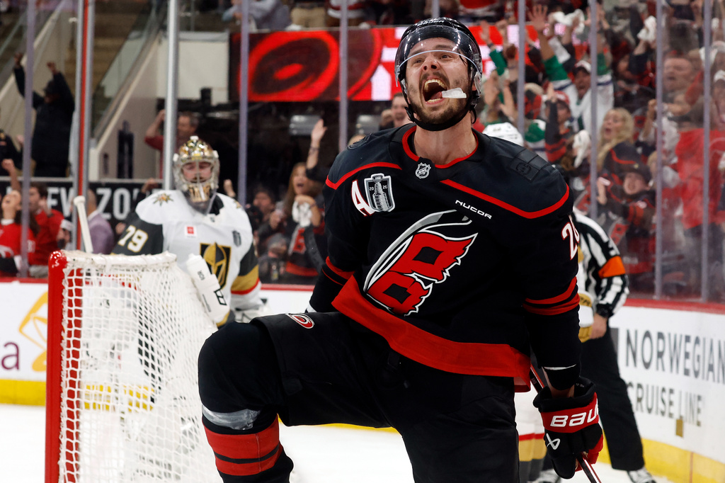 Carolina Hurricanes' Sebastian Aho (20) celebrates after his goal during the second period in Game 5 of the NHL hockey Stanley Cup Final series against the Vegas Golden Knights in Raleigh, N.C., Thursday, June 11, 2026. (AP Photo/Karl DeBlaker)