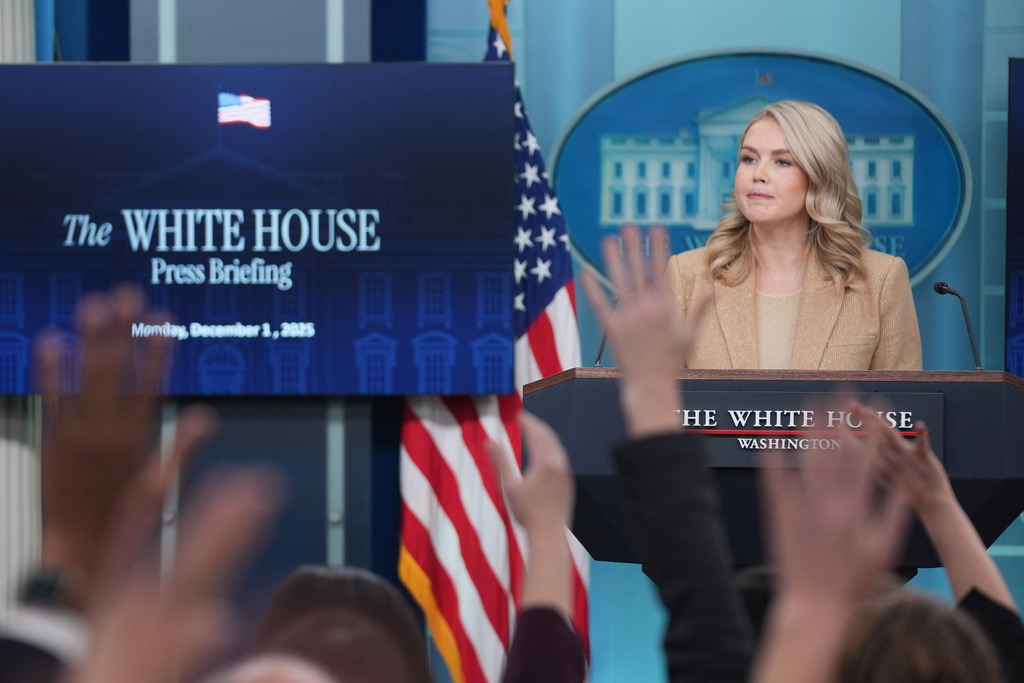 White House press secretary Karoline Leavitt speaks during a press briefing at the White House, Monday, Dec. 1, 2025, in Washington. (AP Photo/Evan Vucci)