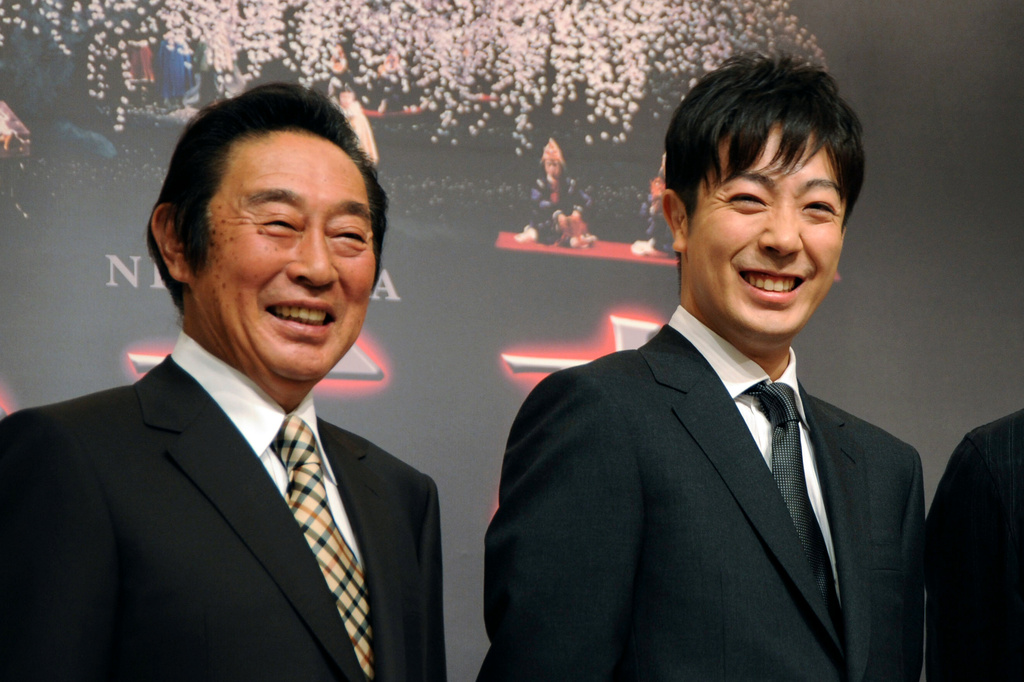 FILE -Japanese Kabuki actors, Kikugoro Onoe, left, and his son, Kikunosuke Onoe, attend a press conference in Tokyo Tuesday, Sept. 16, 2008. (AP Photo/Katsumi Kasahara)