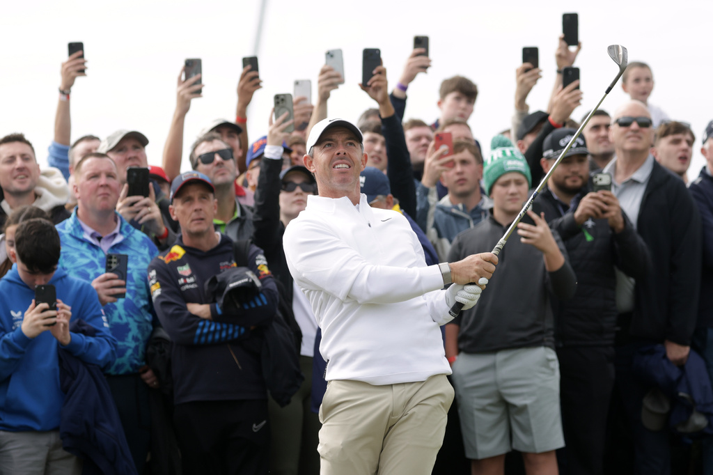 Rory McIlroy of Northern Ireland plays the second shot on three during the Irish Open at Trump International Golf Links in Doonbeg, Ireland, Saturday, Sept. 12, 2026.(AP Photo/Peter Morrison)