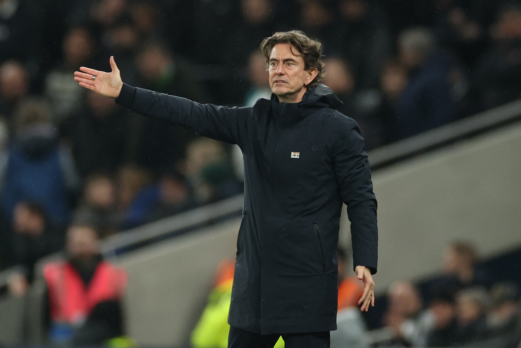 Tottenham's head coach Thomas Frank gives instructions during the English Premier League soccer match between Tottenham and Newcastle in London, Tuesday, Feb. 10, 2026. (AP Photo/Ian Walton)