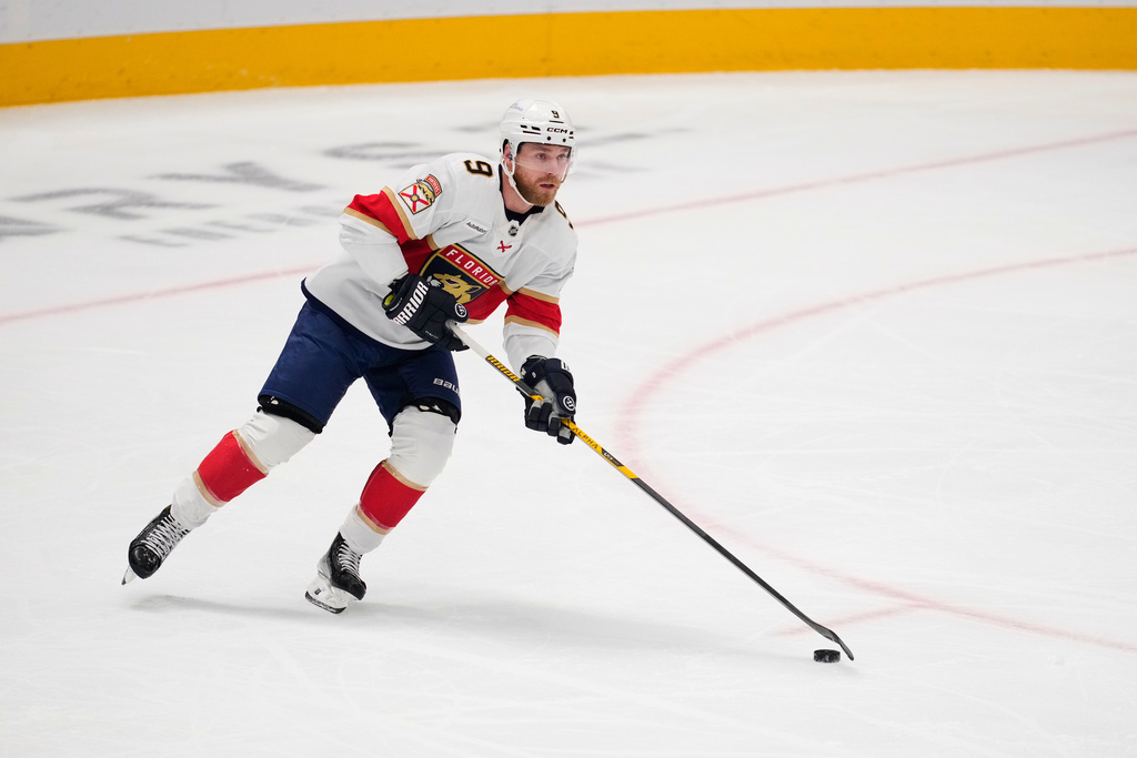 Florida Panthers center Sam Bennett competes during an NHL hockey game against the Dallas Stars in Dallas, Saturday, Dec. 13, 2025. (AP Photo/Tony Gutierrez)