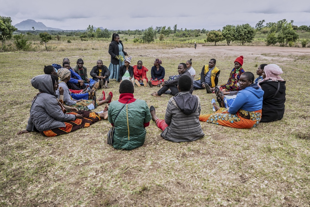 Smallholder farmers hold a meeting in Mulanje, southern Malawi, Tuesday, July 29, 2025. (AP Photo/Thoko Chikondi)