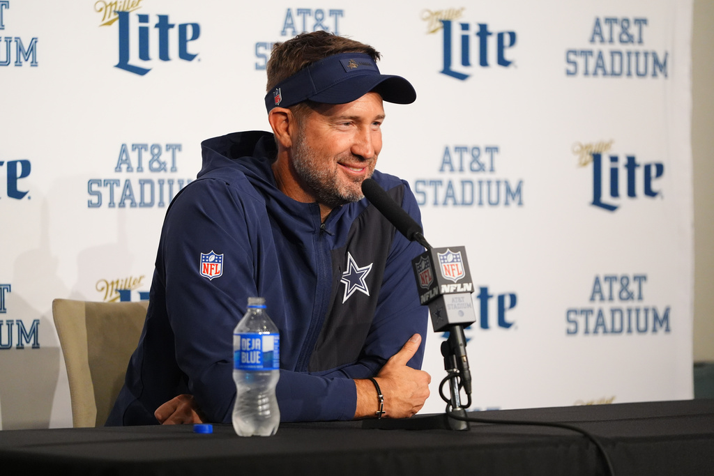 Dallas Cowboys head coach Brian Schottenheimer speaks during a news conference following an NFL football game against the Kansas City Chiefs Thursday, Nov. 27, 2025, in Arlington, Texas. (AP Photo/LM Otero)