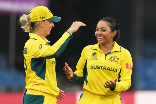 Australia's Alana King, right, celebrates the wicket of South Africa's Nadine de Klerk during the ICC Women's Cricket World Cup match between Australia and South Africa in Indore, India, Saturday, Oct. 25, 2025. (AP Photo/Ajit Solanki) Australia's Alana King, right, celebrates the wicket of South Africa's Nadine de Klerk during the ICC Women's Cricket World Cup match between Australia and South Africa in Indore, India, Saturday, Oct. 25, 2025. (AP Photo/Ajit Solanki)