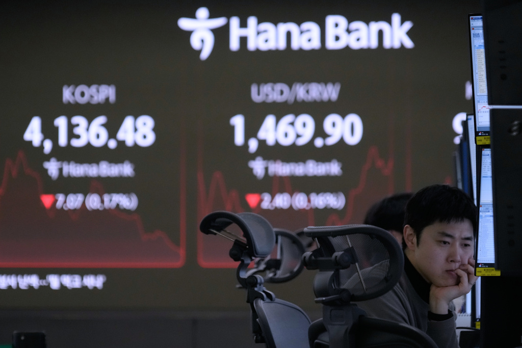 A currency trader watches monitors near a screen showing the Korea Composite Stock Price Index (KOSPI), left, and the foreign exchange rate between U.S. dollar and South Korean won at the foreign exchange dealing room of the Hana Bank headquarters in Seoul, South Korea, Wednesday, Dec. 10, 2025. (AP Photo/Ahn Young-joon)