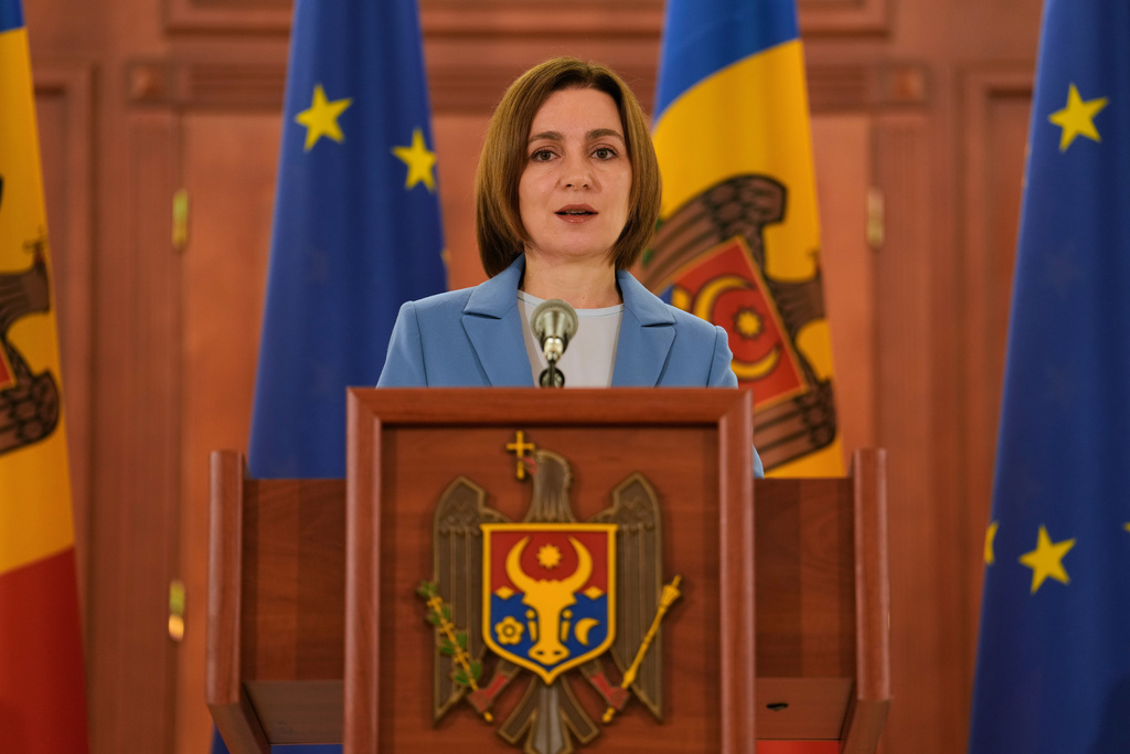 Moldova's President Maia Sandu speaks to the media after the parliamentary election, in Chisinau, Moldova, Monday, Sept. 29, 2025. (AP Photo/Vadim Ghirda)