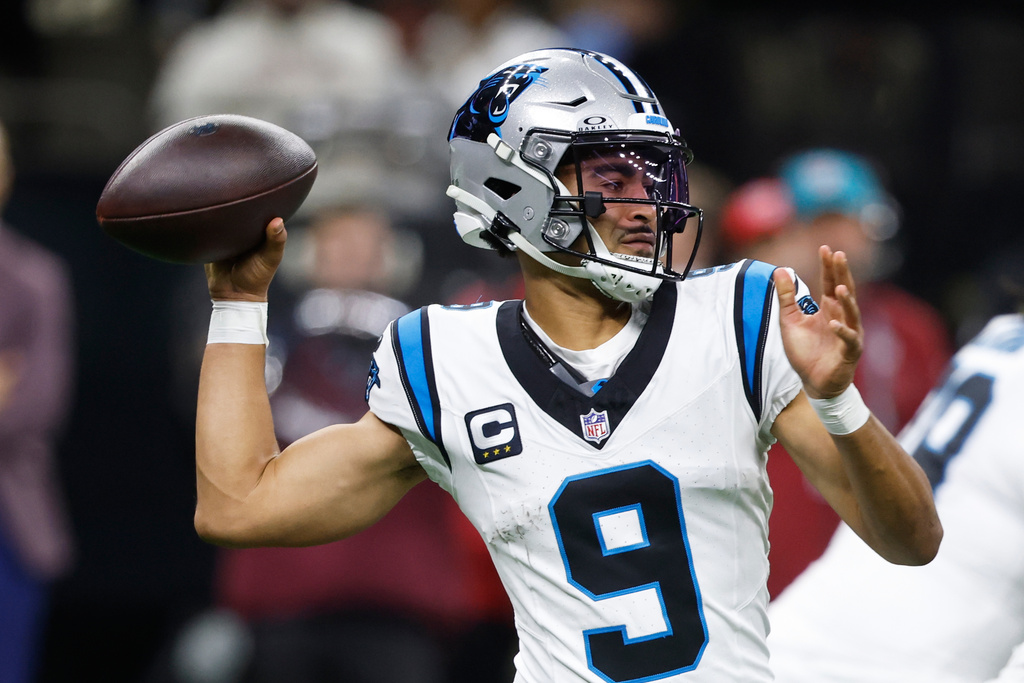 Carolina Panthers quarterback Bryce Young (9) sets back to pass in the first half of an NFL football game against the New Orleans Saints, Sunday, Dec. 14, 2025, in New Orleans. (AP Photo/Butch Dill)