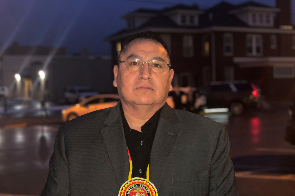FILE - Oglala Sioux Tribe President Frank Star Comes Out stands outside the Andrew W. Bogue Federal Building and U.S. Courthouse in Rapid City, S.D., Feb. 8, 2023. (Kalle Benallie/Indian Country Today via AP, File)