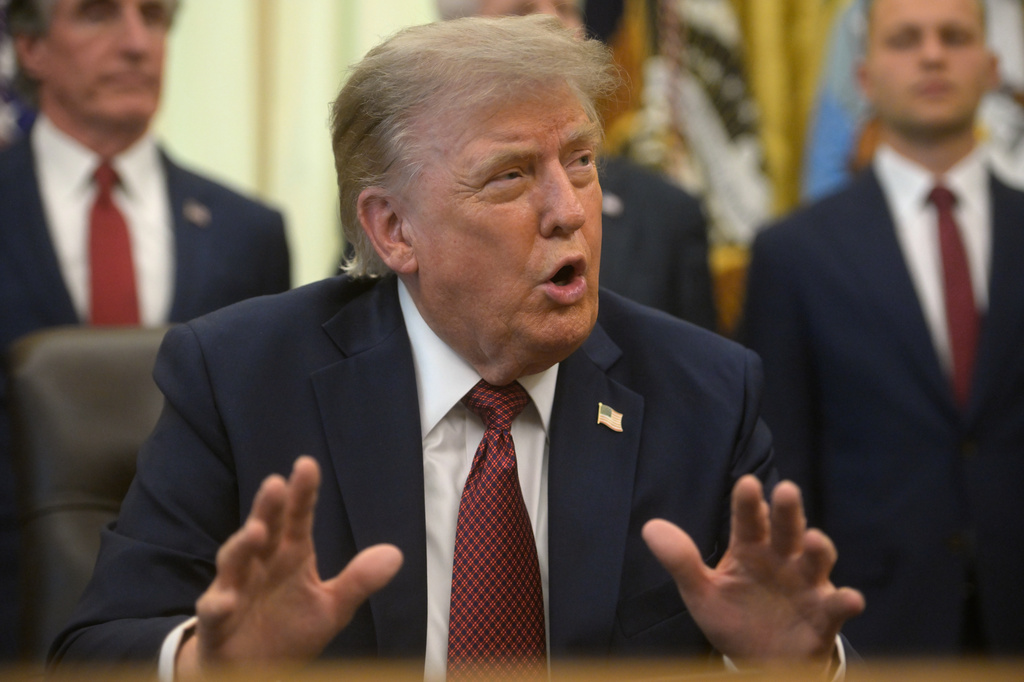President Donald Trump speaks in the Oval Office of the White House, Friday, July 24, 2026, in Washington. (AP Photo/Rod Lamkey, Jr.)