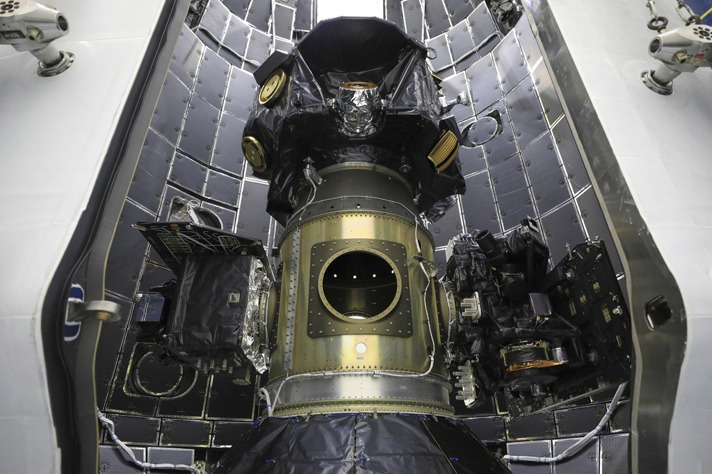 This photo provided by NASA in September 2025 shows NASA’s Carruthers Geocorona Observatory, IMAP (Interstellar Mapping and Acceleration Probe), and the National Oceanic and Atmospheric Administration’s (NOAA) Space Weather Follow On-Lagrange 1 (SWFO-L1) satellite at the Kennedy Space Center in Florida. (NASA via AP)