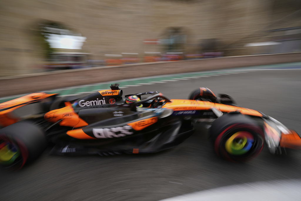 McLaren driver Oscar Piastri of Australia in action during the second practice for the Azerbaijan Formula One Grand Prix in Baku, Azerbaijan, Friday, Sept. 19, 2025. (AP Photo/Darko Bandic)