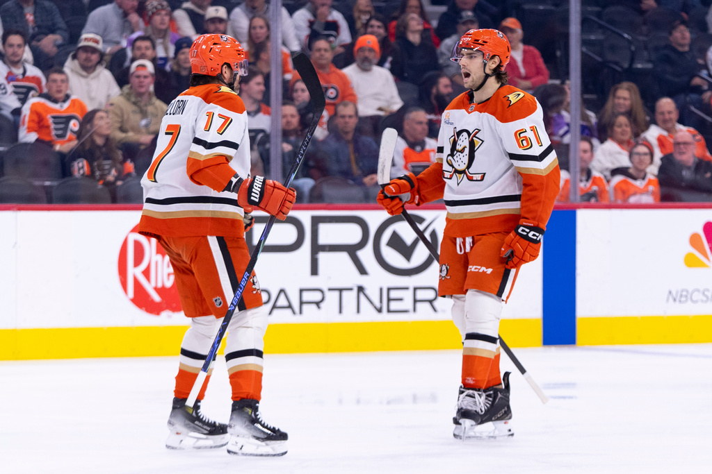 Anaheim Ducks' Cutter Gauthier, right, reacts to his goal with Alex Killorn, left, during the first period of an NHL hockey game against the Philadelphia Flyers, Tuesday, Jan. 6, 2026, in Philadelphia. (AP Photo/Chris Szagola)