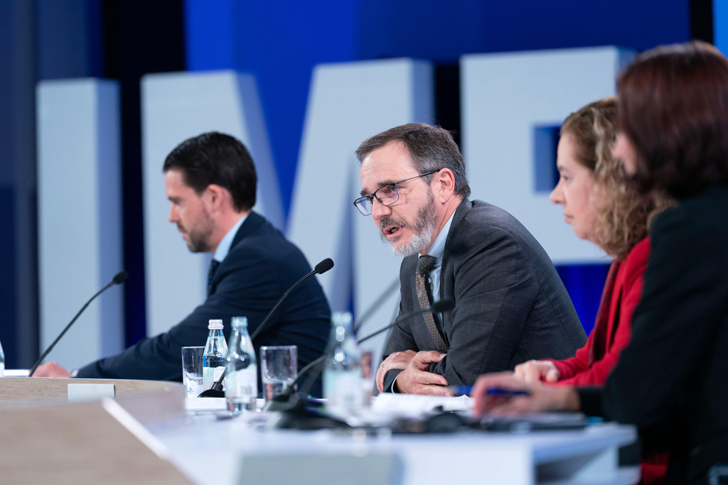 Economic Counsellor and Director, Research Department, IMF Pierre-Olivier Gourinchas speaks at a news conference during the World Bank/IMF Annual Meetings at the International Monetary Fund (IMF) headquarters in Washington, Tuesday, Oct. 14, 2025. (AP Photo/Jose Luis Magana)